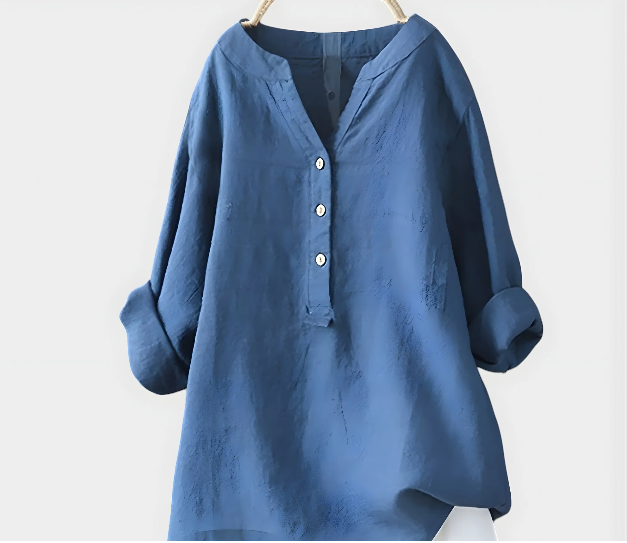 Relaxed-fit blue blouse with V-neck, button front, and 3/4 sleeves