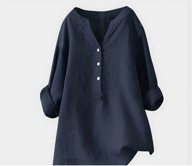 Relaxed-fit dark navy blouse with V-neck, button front, and 3/4 sleeves