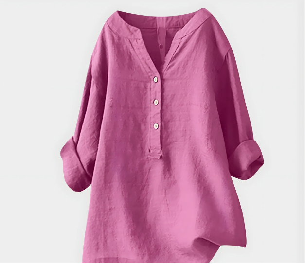 Relaxed-fit pink blouse with V-neck, button front, and 3/4 sleeves